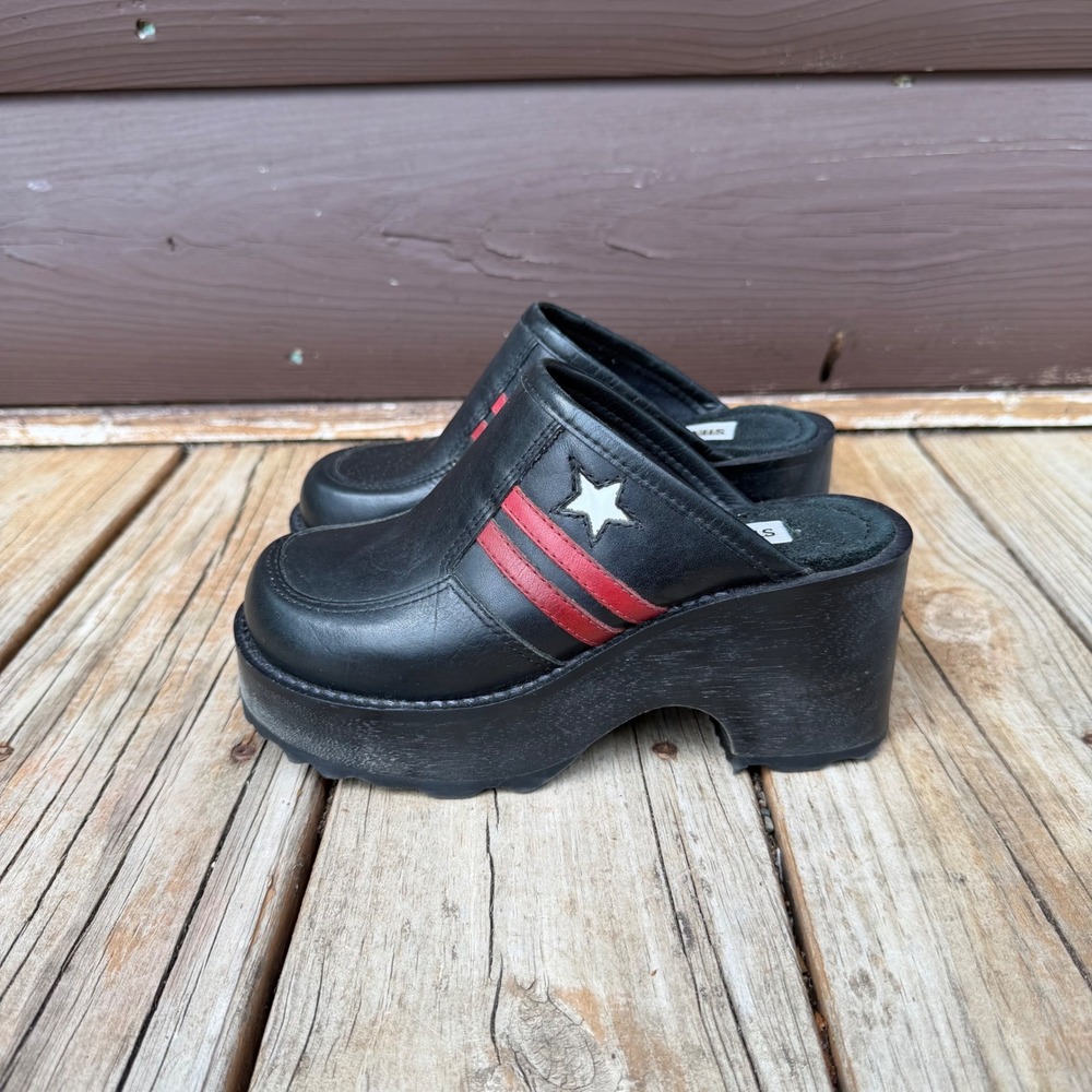 Vintage Steve Madden Corpral Platform Mules Women Size 5B Black Red Star Y2K